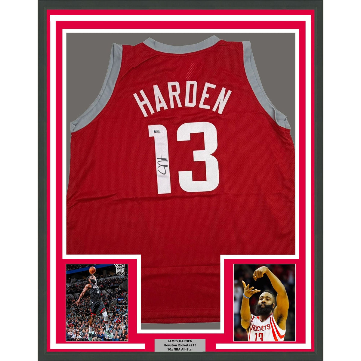 Framed Autographed/Signed James Harden 35x39 Houston Red Basketball Jersey Beckett COA