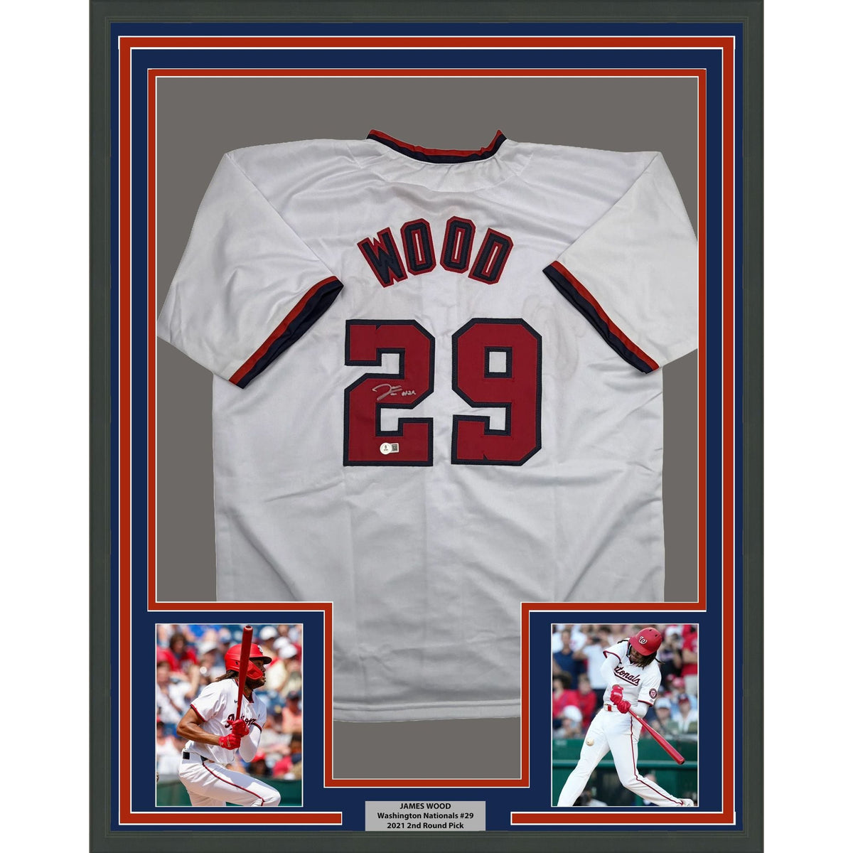 Framed Autographed/Signed James Wood 35x39 Washington White Baseball Jersey Beckett BAS COA