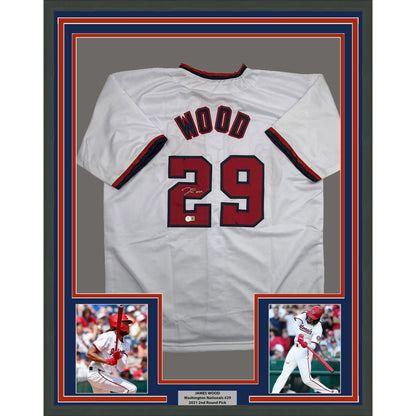 Framed Autographed/Signed James Wood 35x39 Washington White Baseball Jersey Beckett BAS COA