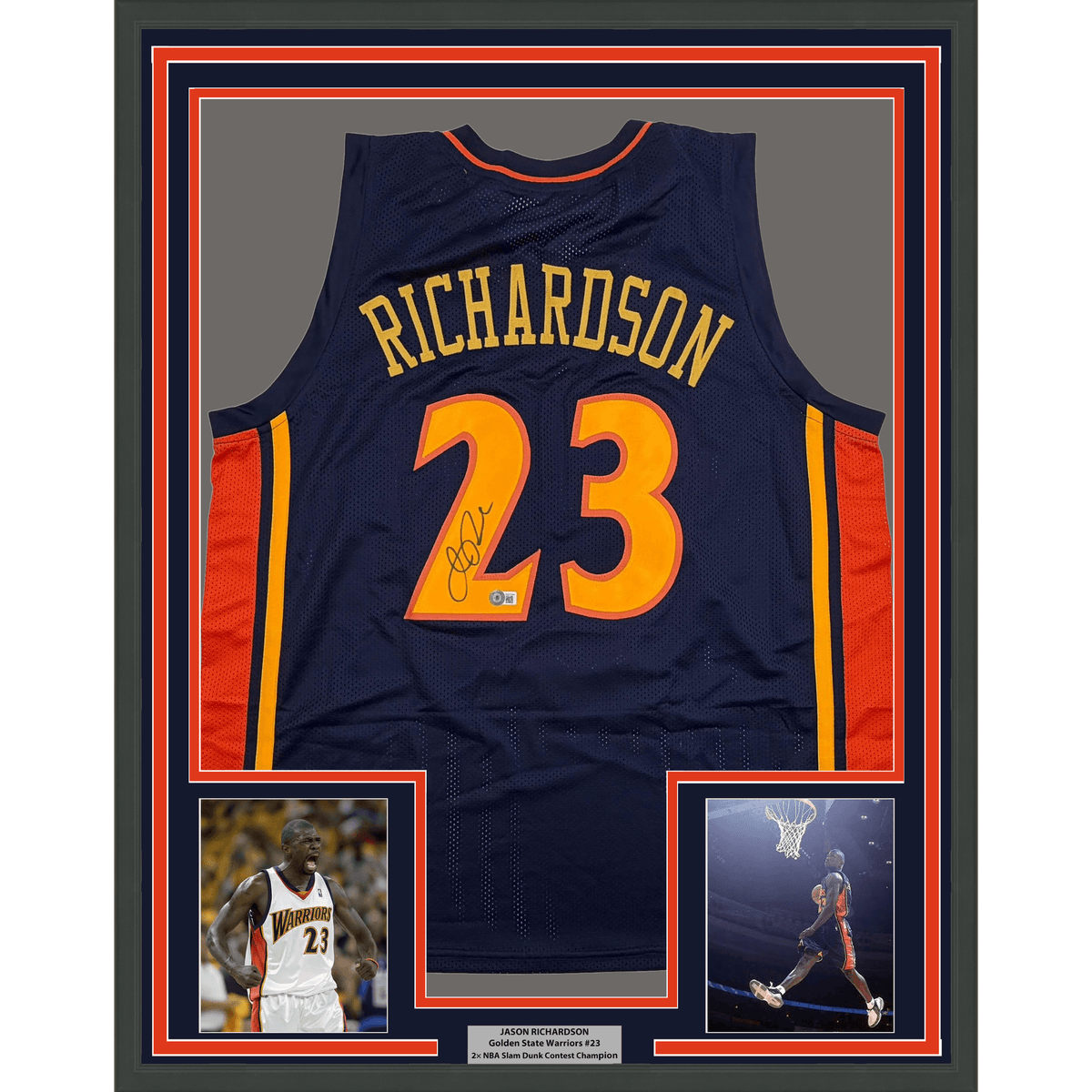 Framed Autographed/Signed Jason Richardson 35x39 Golden State Navy Blue Basketball Jersey Beckett BAS COA
