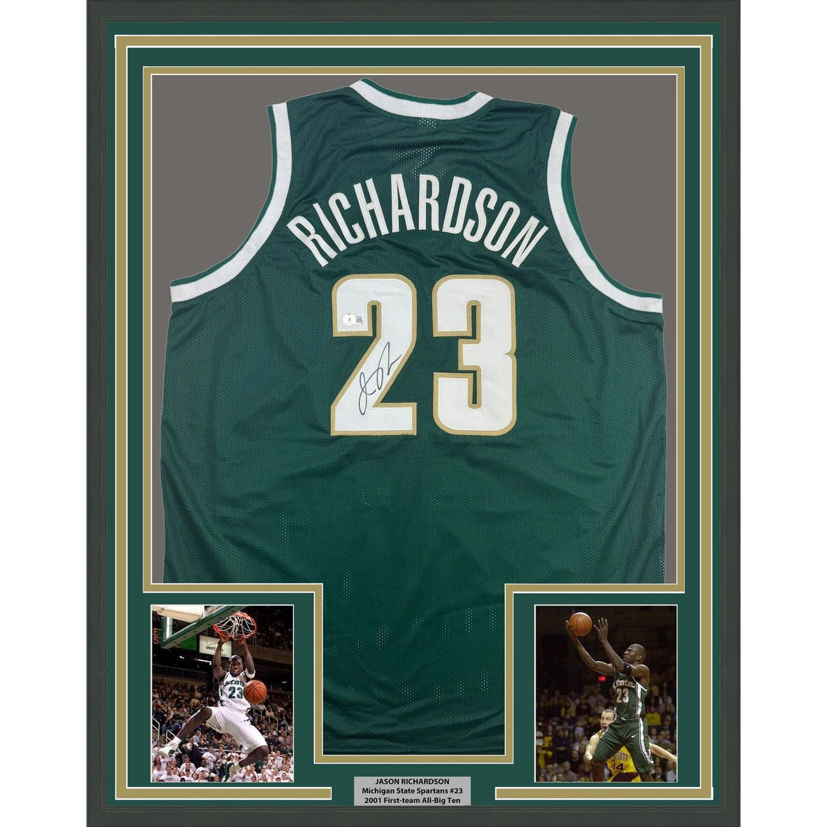 Framed Autographed/Signed Jason Richardson 35x39 Michigan State Green College Basketball Jersey Beckett BAS COA