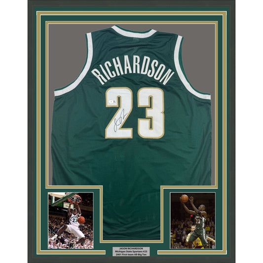 Framed Autographed/Signed Jason Richardson 35x39 Michigan State Green College Basketball Jersey Beckett BAS COA