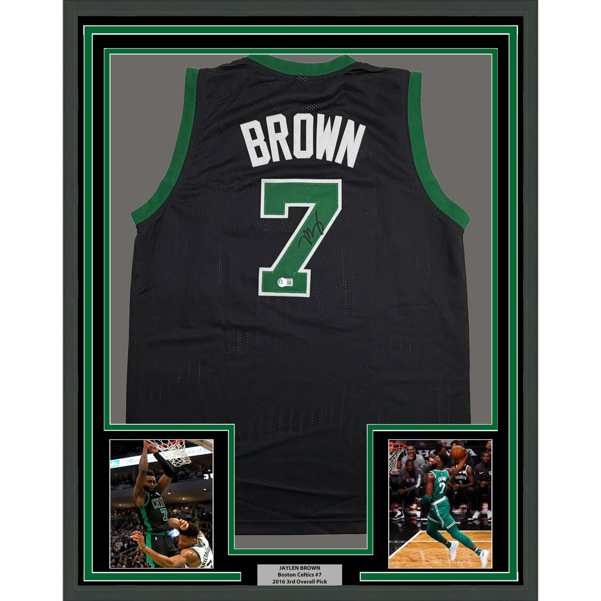Framed Autographed/Signed Jaylen Brown 35x39 Boston Black Basketball Jersey Beckett BAS COA