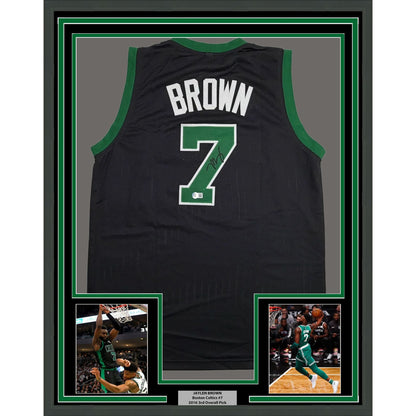 Framed Autographed/Signed Jaylen Brown 35x39 Boston Black Basketball Jersey Beckett BAS COA