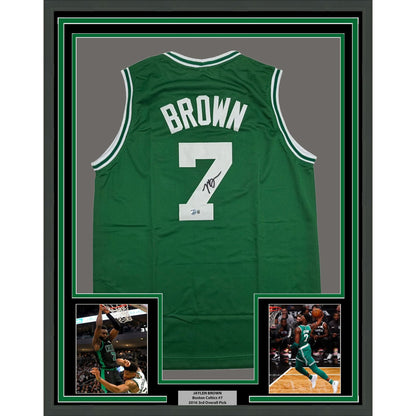 Framed Autographed/Signed Jaylen Brown 35x39 Boston Green Basketball Jersey Beckett BAS COA