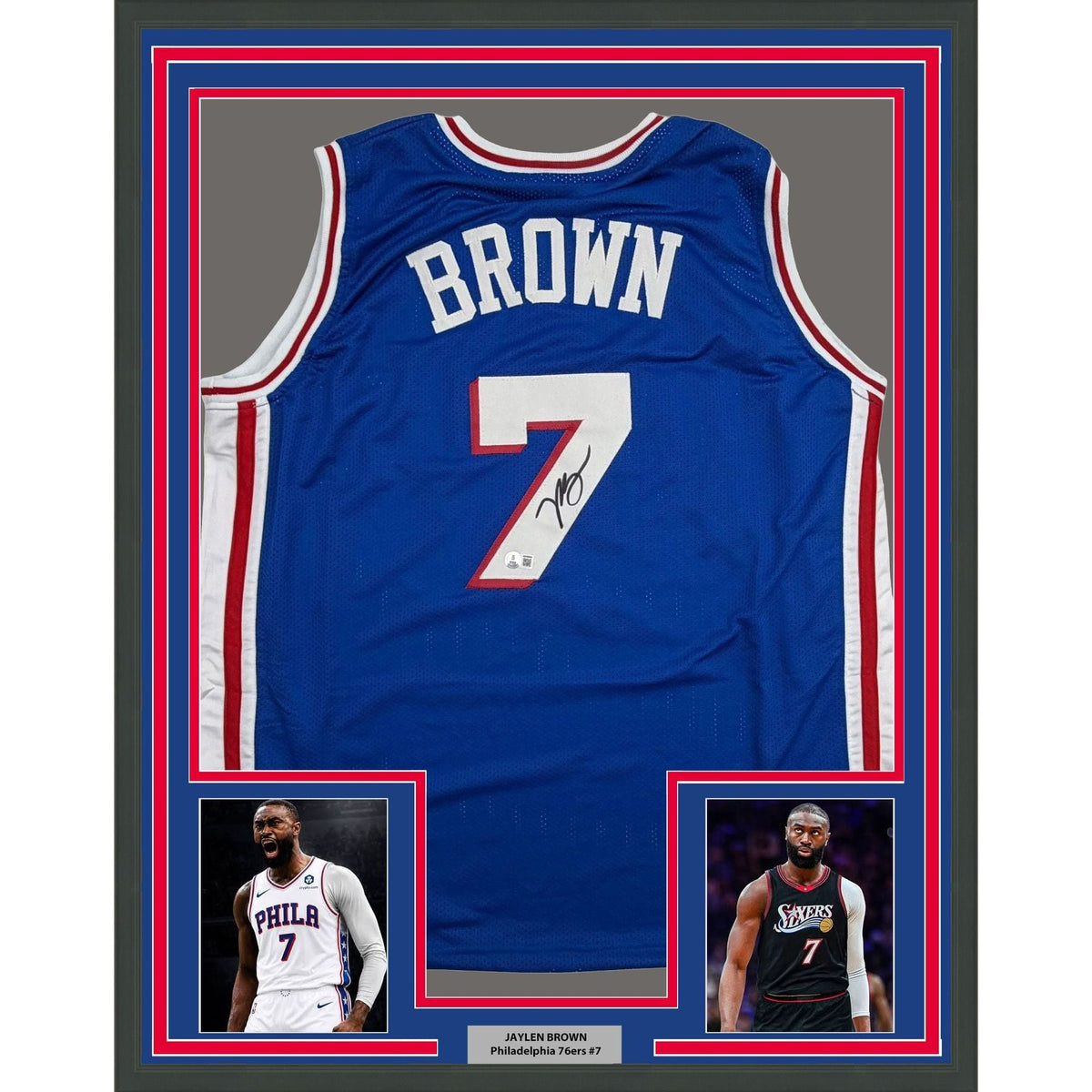 Framed Autographed/Signed Jaylen Brown 35x39 Philadelphia 76ers Blue Basketball Jersey Beckett BAS COA