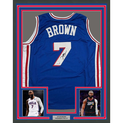 Framed Autographed/Signed Jaylen Brown 35x39 Philadelphia 76ers Blue Basketball Jersey Beckett BAS COA