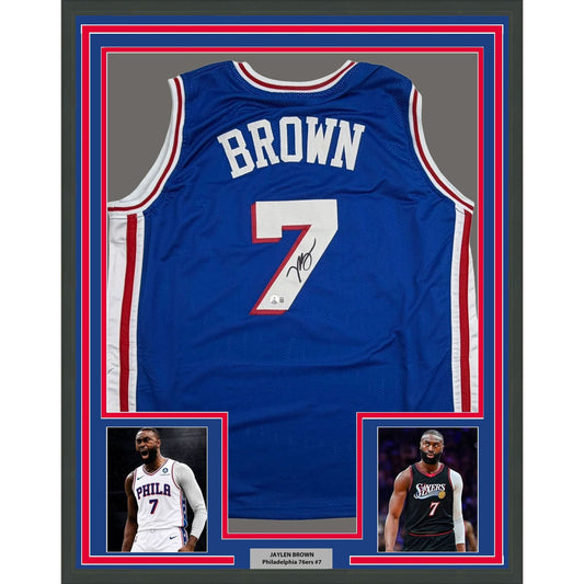 Framed Autographed/Signed Jaylen Brown 35x39 Philadelphia 76ers Blue Basketball Jersey Beckett BAS COA