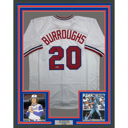 Framed Autographed/Signed Jeff Burroughs 35x39 Texas White Baseball Jersey Beckett BAS COA