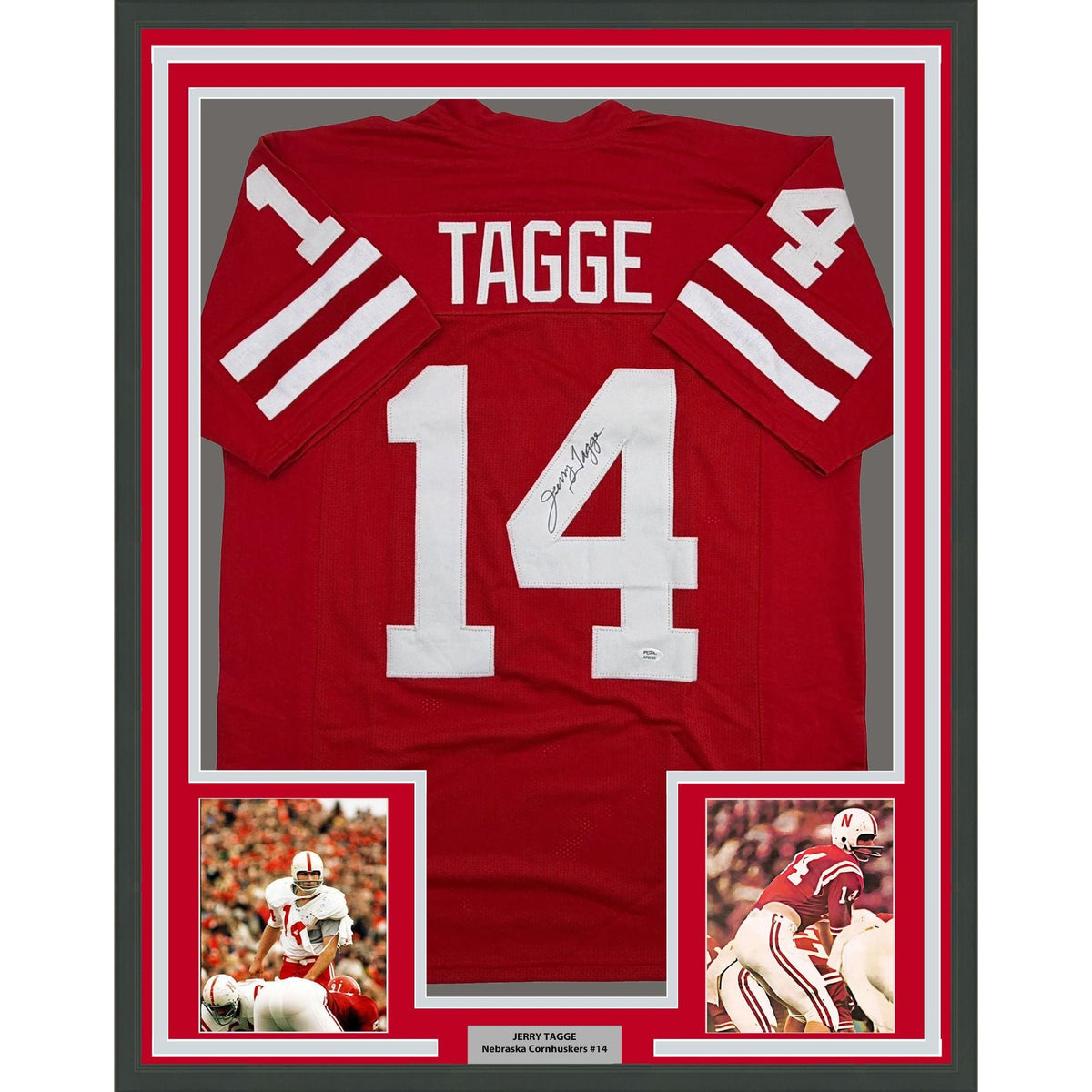 Framed Autographed/Signed Jerry Tagge 35x39 Nebraska Red College Football Jersey PSA/DNA COA