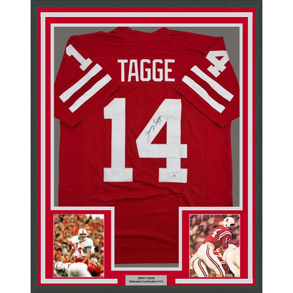 Framed Autographed/Signed Jerry Tagge 35x39 Nebraska Red College Football Jersey PSA/DNA COA