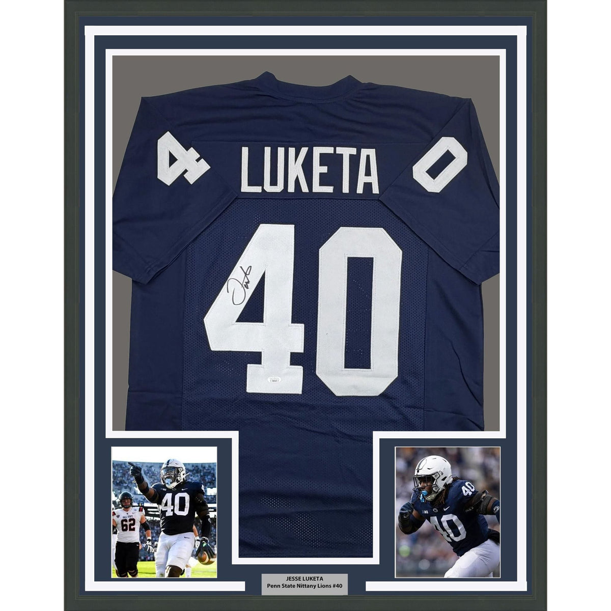 Framed Autographed/Signed Jesse Luketa 35x39 Penn State Blue College Football Jersey JSA COA