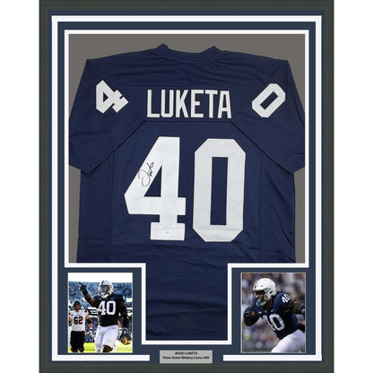 Framed Autographed/Signed Jesse Luketa 35x39 Penn State Blue College Football Jersey JSA COA