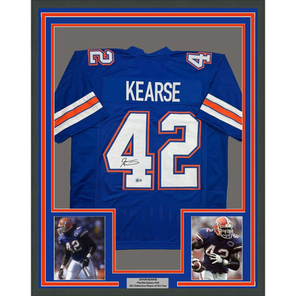 Framed Autographed/Signed Javon Kearse 35x39 Florida Blue College Football Jersey Beckett BAS COA