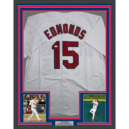 Framed Autographed/Signed Jim Edmonds 35x39 St. Louis White Baseball Jersey JSA COA