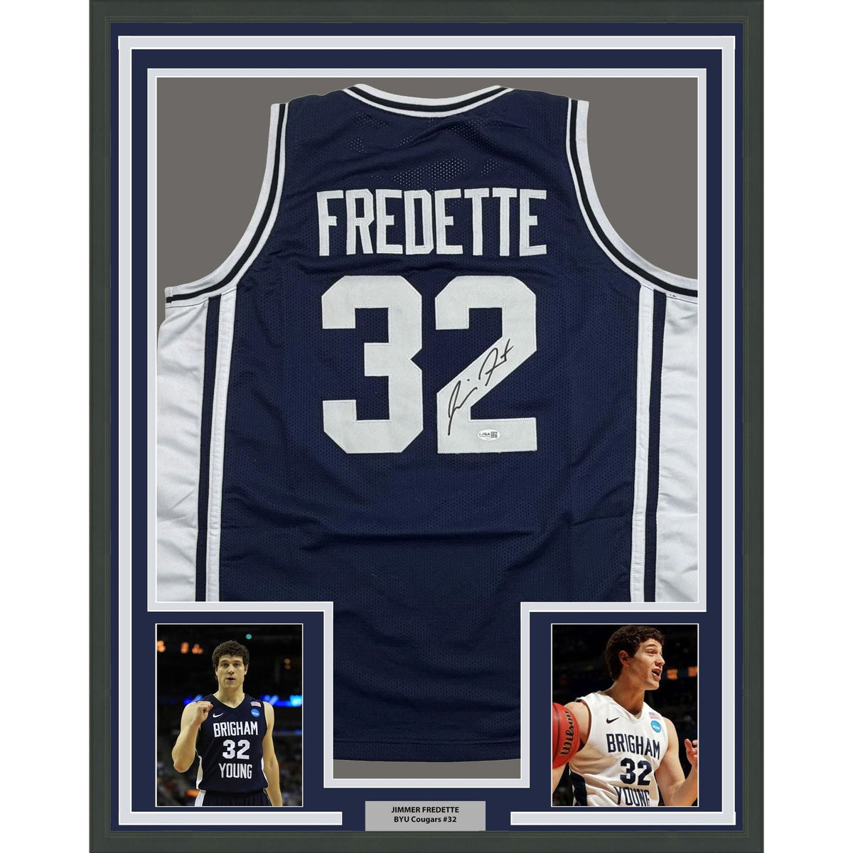 Framed Autographed/Signed Jimmer Fredette 35x39 BYU Blue College Basketball Jersey JSA COA
