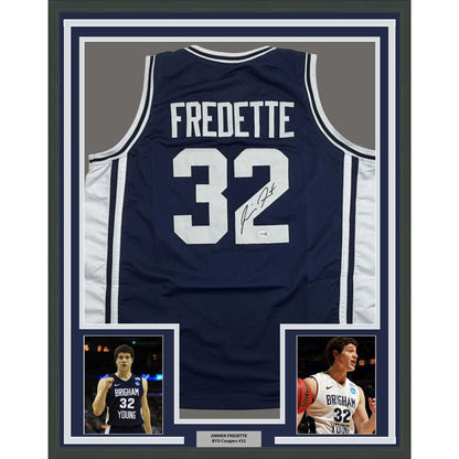 Framed Autographed/Signed Jimmer Fredette 35x39 BYU Blue College Basketball Jersey JSA COA