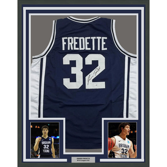 Framed Autographed/Signed Jimmer Fredette 35x39 BYU Blue College Basketball Jersey JSA COA