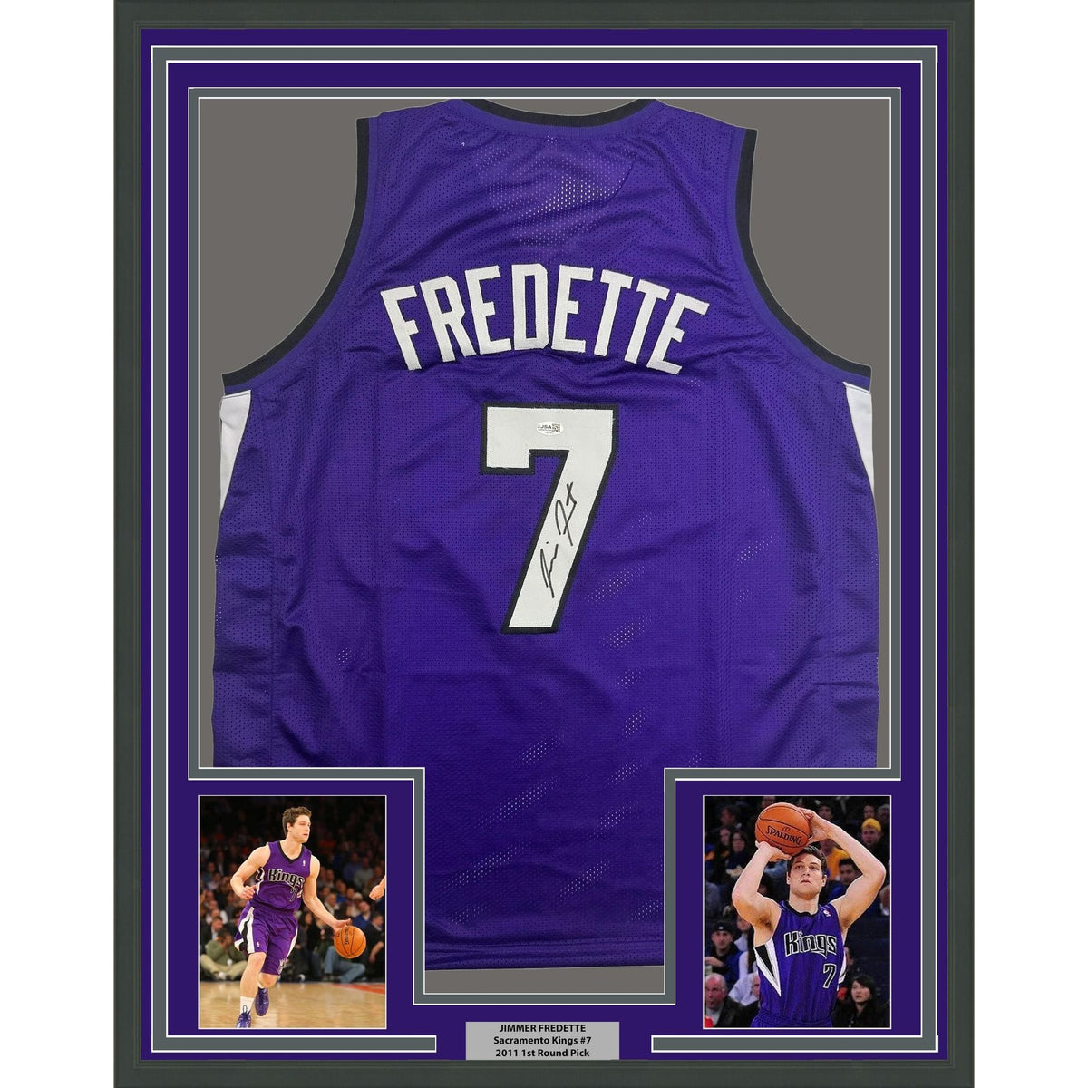 Framed Autographed/Signed Jimmer Fredette 35x39 Sacramento Purple Basketball Jersey JSA COA