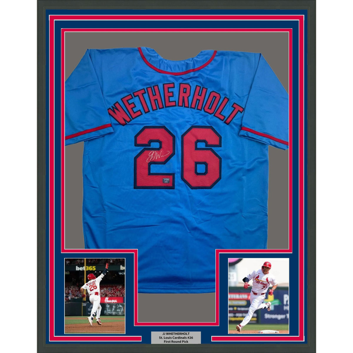 Framed Autographed/Signed J.J. JJ Wetherholt 35x39 St. Louis Blue Baseball Jersey LCG Prova COA