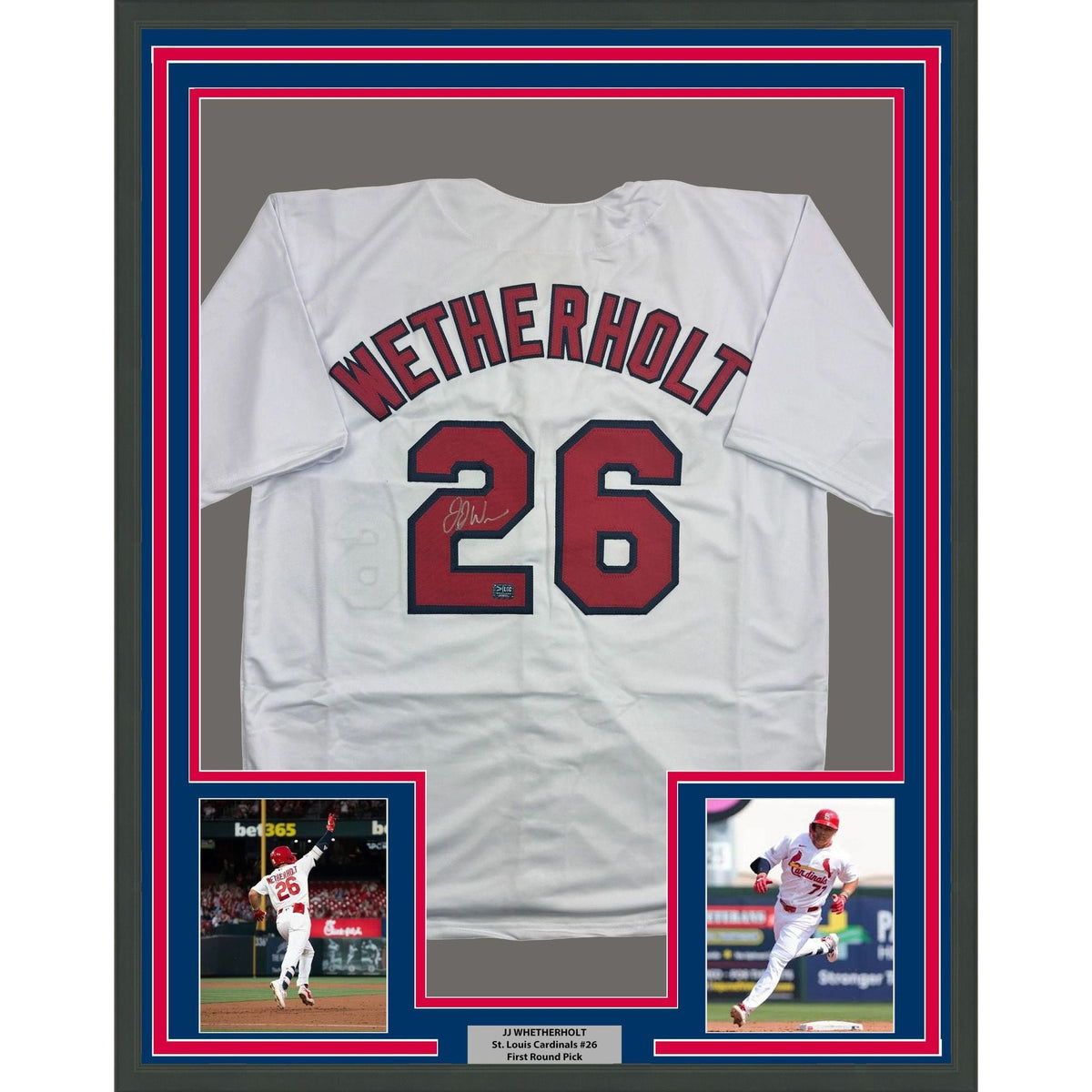 Framed Autographed/Signed J.J. JJ Wetherholt 35x39 St. Louis White Baseball Jersey LCG Prova COA