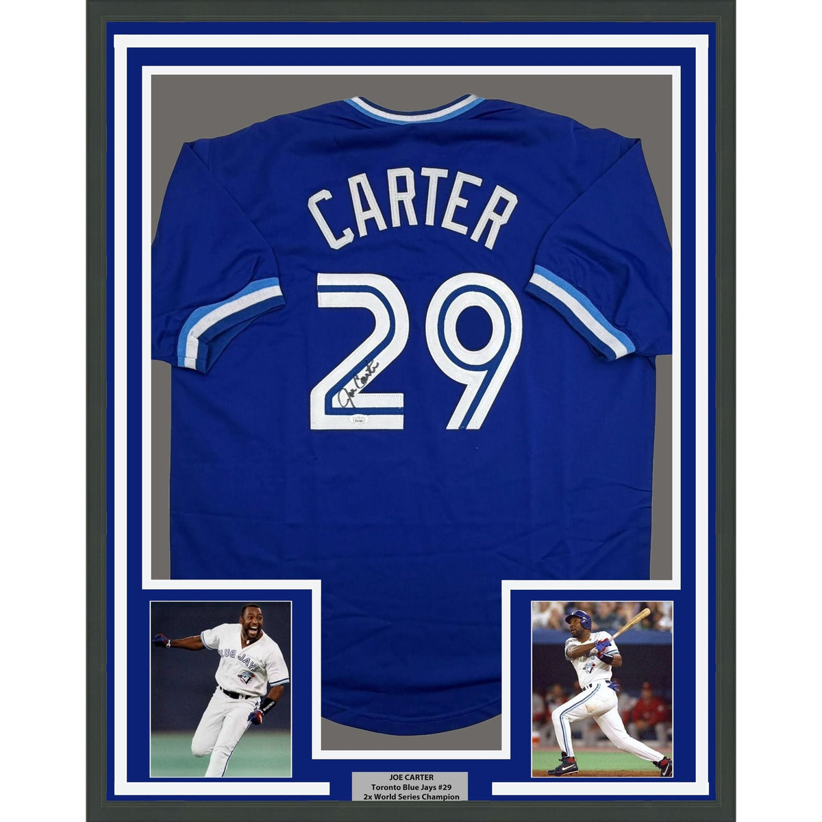 Framed Autographed/Signed Joe Carter 35x39 Toronto Blue Baseball Jersey JSA COA