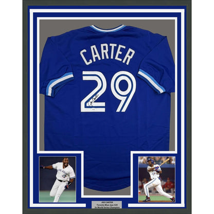 Framed Autographed/Signed Joe Carter 35x39 Toronto Blue Baseball Jersey JSA COA