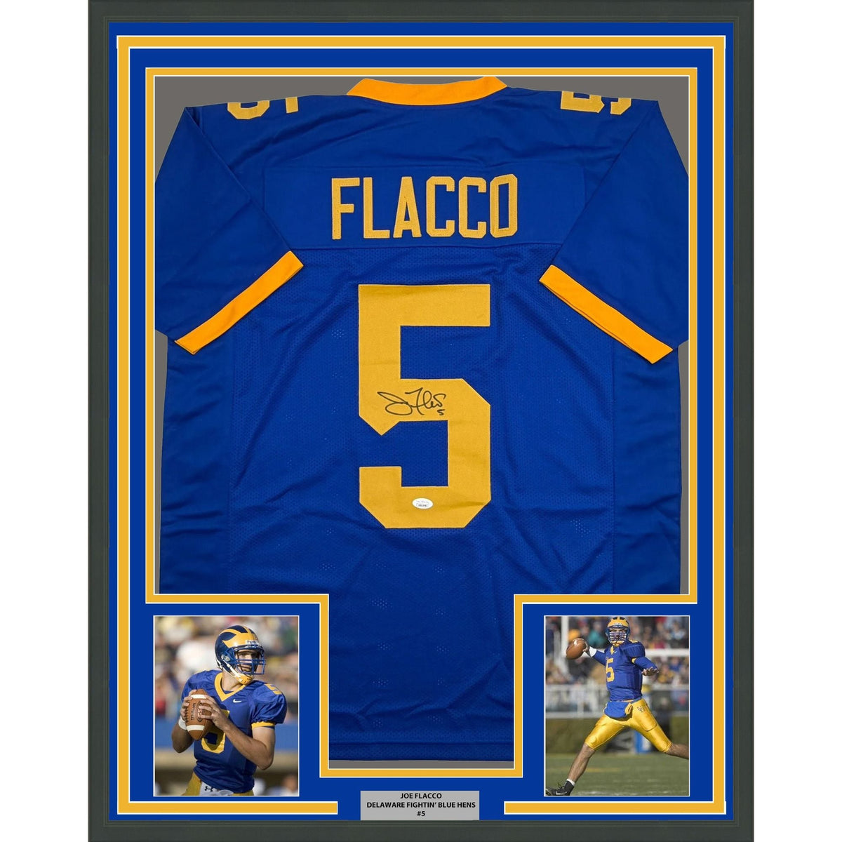 Framed Autographed/Signed Joe Flacco 35x39 Delaware Blue College Football Jersey JSA COA