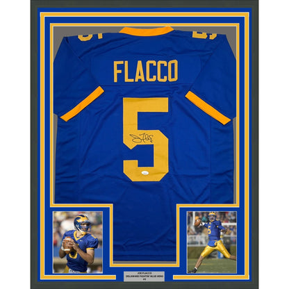 Framed Autographed/Signed Joe Flacco 35x39 Delaware Blue College Football Jersey JSA COA