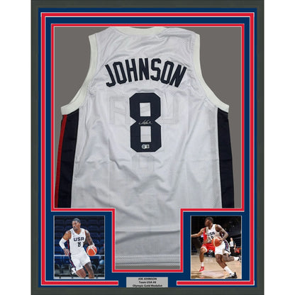 Framed Autographed/Signed Joe Johnson 35x39 United States USA Olympic White Basketball Jersey Beckett BAS COA