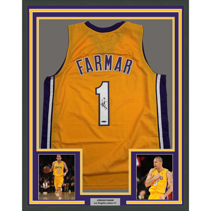 Framed Autographed/Signed Jordan Farmar 35x39 Los Angeles Yellow Basketball Jersey Upper Deck UDA COA