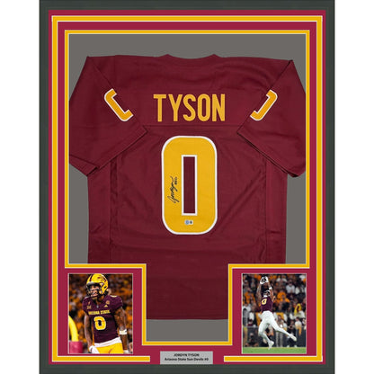 Framed Autographed/Signed Jordyn Tyson 35x39 Arizona State Maroon College Football Jersey Beckett BAS COA