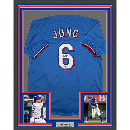 Framed Autographed/Signed Josh Jung 35x39 Texas Light Blue Baseball Jersey Beckett BAS COA