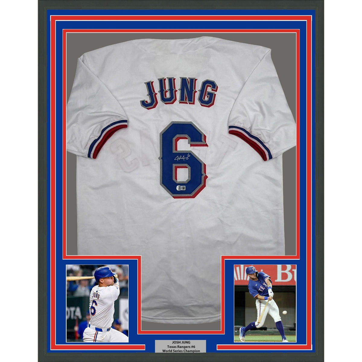 Framed Autographed/Signed Josh Jung 35x39 Texas White Baseball Jersey Beckett BAS COA