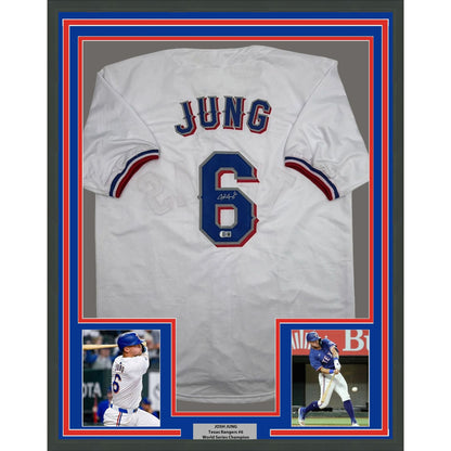 Framed Autographed/Signed Josh Jung 35x39 Texas White Baseball Jersey Beckett BAS COA