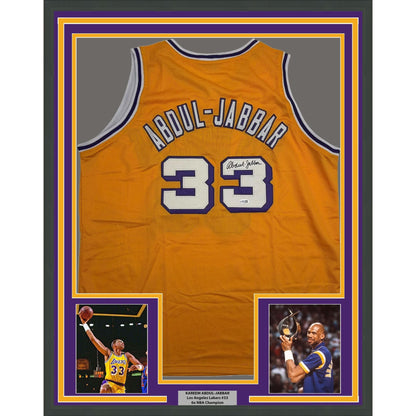 Framed Autographed/Signed Kareem Abdul-Jabbar 35x39 Los Angeles Yellow Basketball Jersey JSA COA