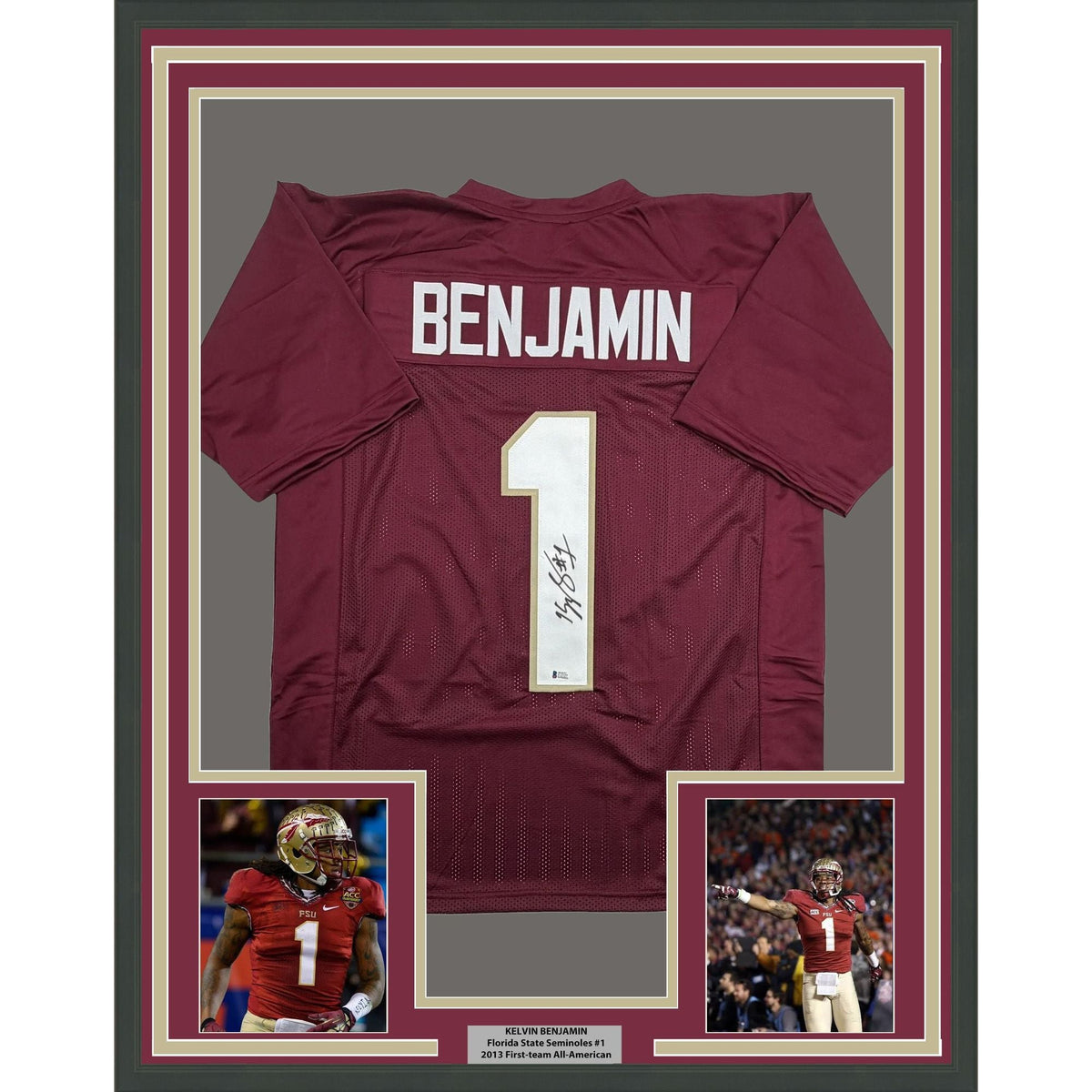 Framed Autographed/Signed Kelvin Benjamin 35x39 Florida State FSU Maroon College Football Jersey Beckett BAS COA