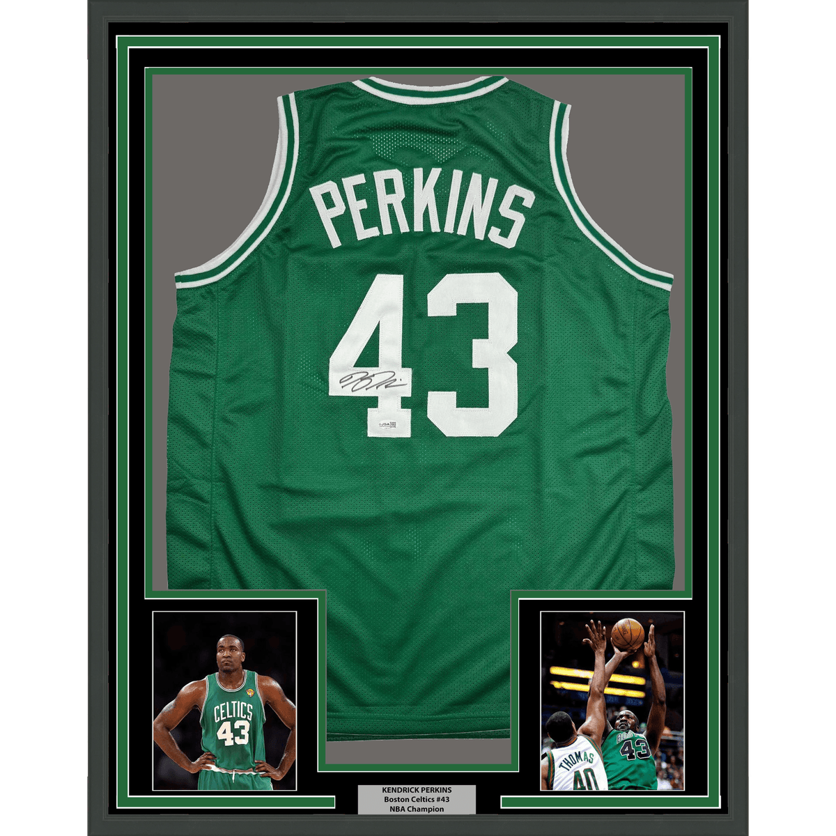 Framed Autographed/Signed Kendrick Perkins 35x39 Boston Green Basketball Jersey JSA COA