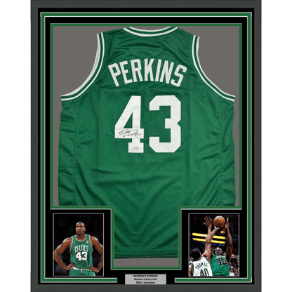 Framed Autographed/Signed Kendrick Perkins 35x39 Boston Green Basketball Jersey JSA COA