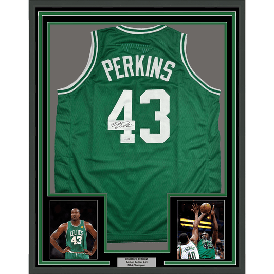 Framed Autographed/Signed Kendrick Perkins 35x39 Boston Green Basketball Jersey JSA COA