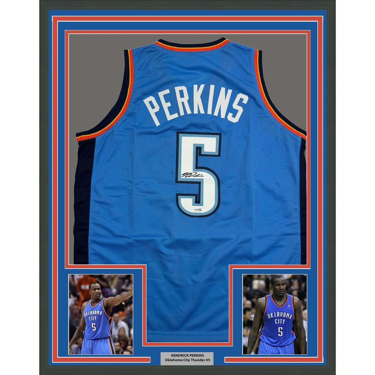 Framed Autographed/Signed Kendrick Perkins 35x39 Oklahoma City OKC Blue Basketball Jersey JSA COA