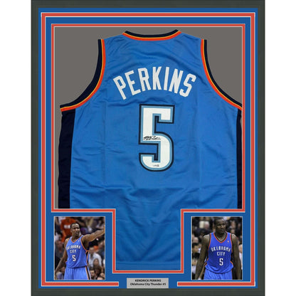 Framed Autographed/Signed Kendrick Perkins 35x39 Oklahoma City OKC Blue Basketball Jersey JSA COA