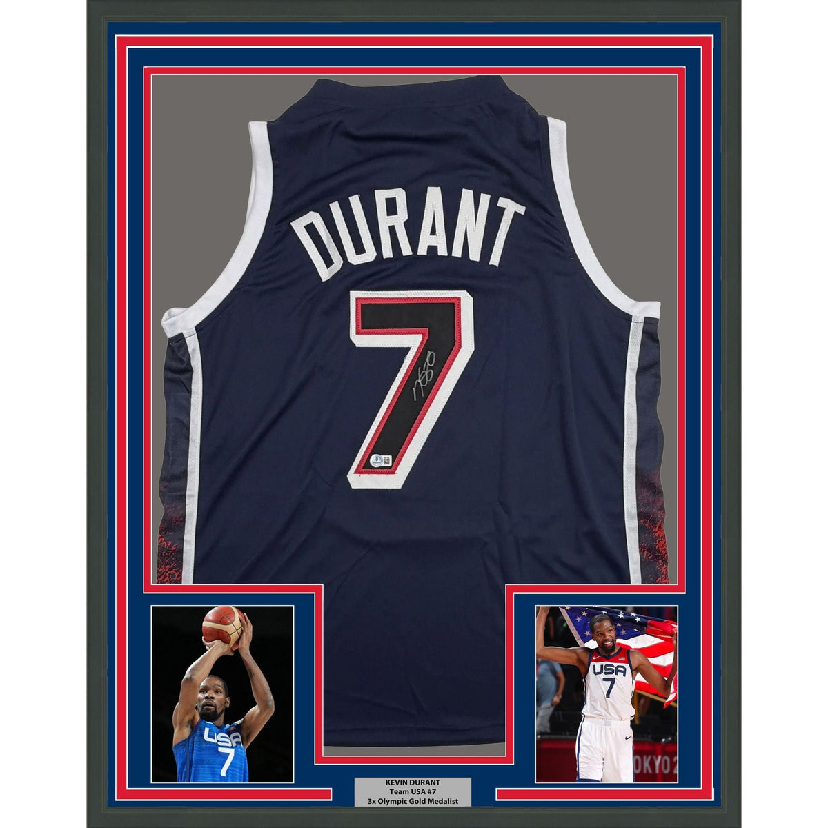 Framed Autographed/Signed Kevin Durant 35x39 2024 United States USA Olympics Blue Basketball Jersey Beckett BAS COA