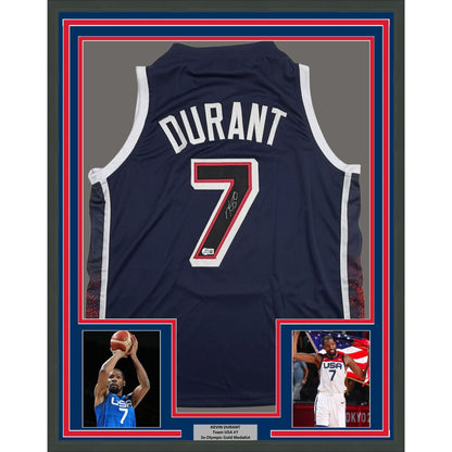 Framed Autographed/Signed Kevin Durant 35x39 2024 United States USA Olympics Blue Basketball Jersey Beckett BAS COA