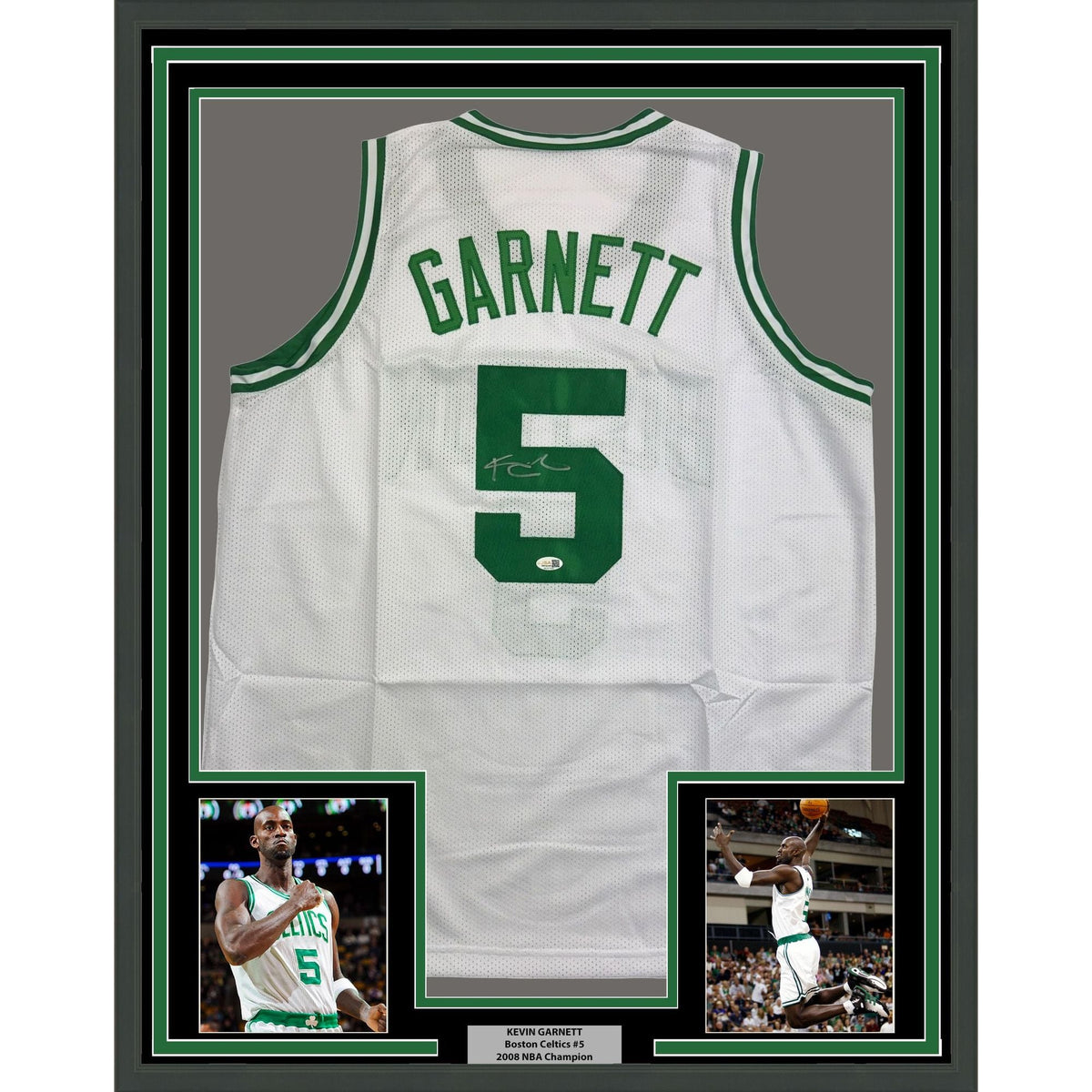 Framed Autographed/Signed Kevin Garnett 35x39 Boston White Basketball Jersey Beckett BAS COA