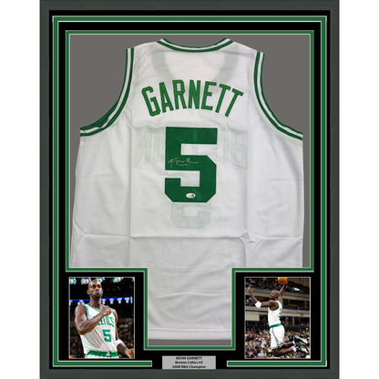 Framed Autographed/Signed Kevin Garnett 35x39 Boston White Basketball Jersey Beckett BAS COA