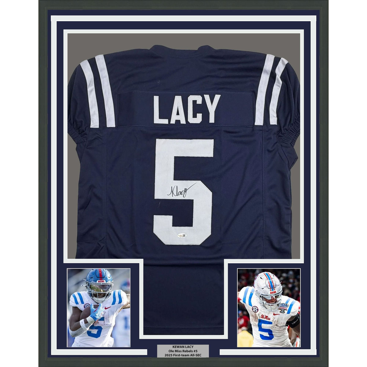 Framed Autographed/Signed Kewan Lacy 35x39 Ole Miss Blue College Football Jersey JSA COA