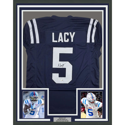 Framed Autographed/Signed Kewan Lacy 35x39 Ole Miss Blue College Football Jersey JSA COA