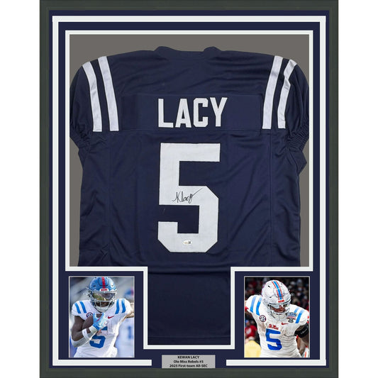 Framed Autographed/Signed Kewan Lacy 35x39 Ole Miss Blue College Football Jersey JSA COA
