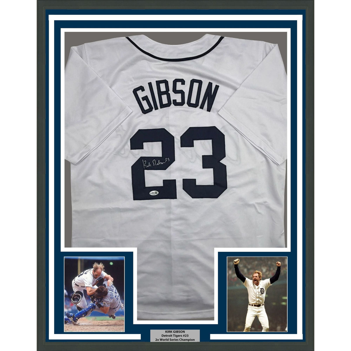 Framed Autographed/Signed Kirk Gibson 35x39 Detroit White Baseball Jersey JSA COA